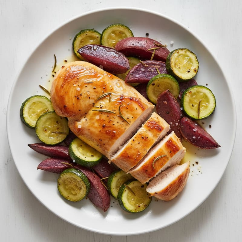 Roasted Chicken Breast with Zucchini and Purple Sweet Potatoes