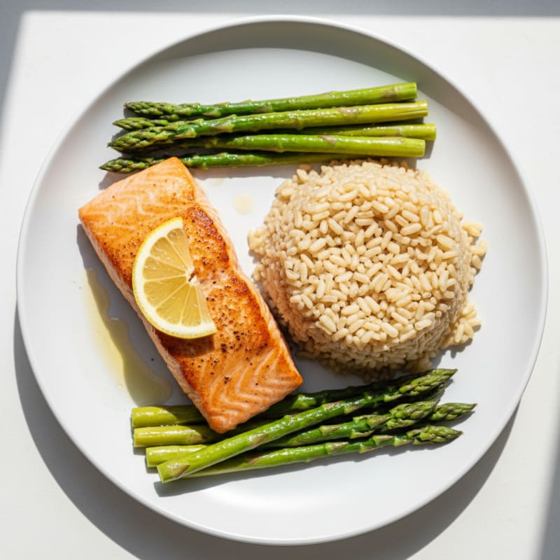 Seared Salmon with Steamed Asparagus and Brown Rice