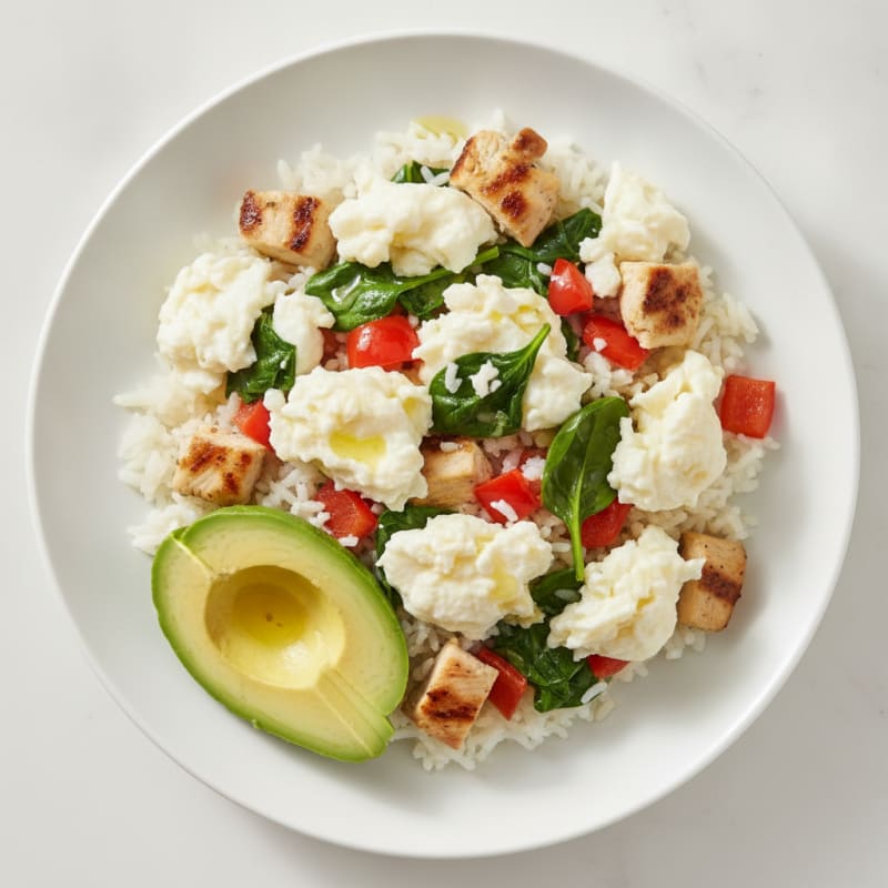 Egg White Scramble with Spinach, Bell Pepper, and Grilled Chicken
