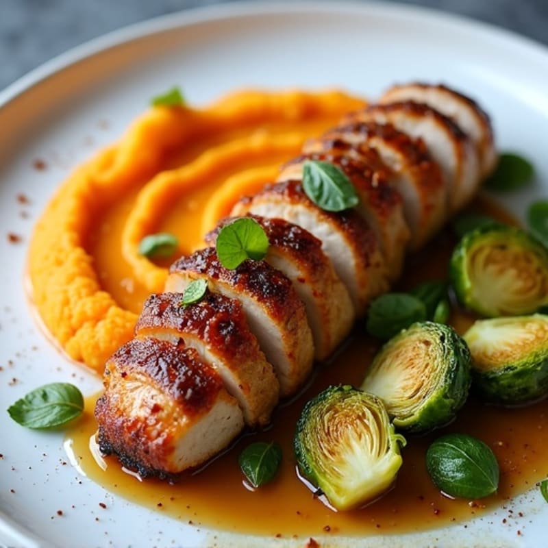 Maple-Glazed Pork Tenderloin with Crispy Brussels Sprouts and Creamy Sweet Potato Puree