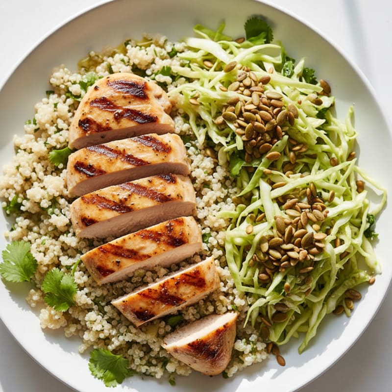Grilled Chicken Breast with Crunchy Cabbage Slaw and Quinoa