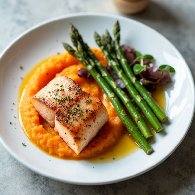 Seared Salmon with Roasted Asparagus and Sweet Potato Mash
