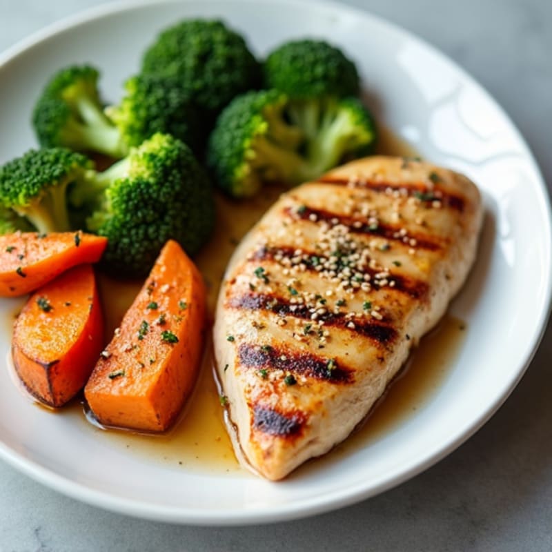 Grilled Chicken Breast with Roasted Sweet Potatoes and Steamed Broccoli
