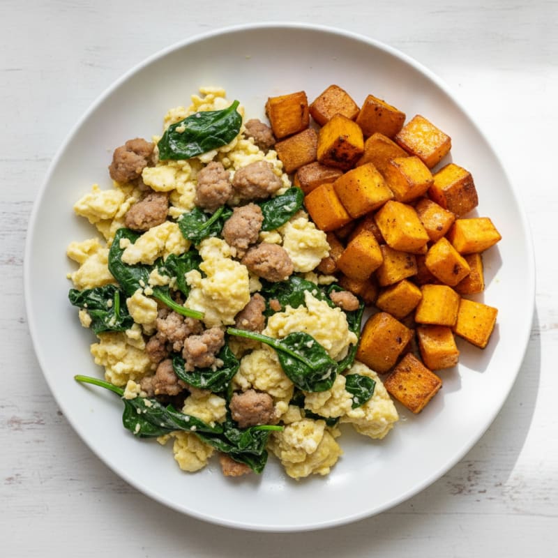 Egg White and Turkey Sausage Scramble with Spinach and Roasted Sweet Potatoes