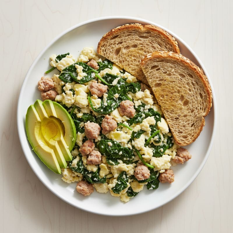 Egg White and Turkey Sausage Scramble with Sautéed Spinach