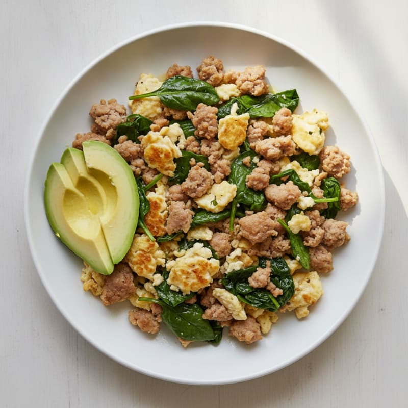 Egg White and Turkey Sausage Scramble with Sautéed Spinach