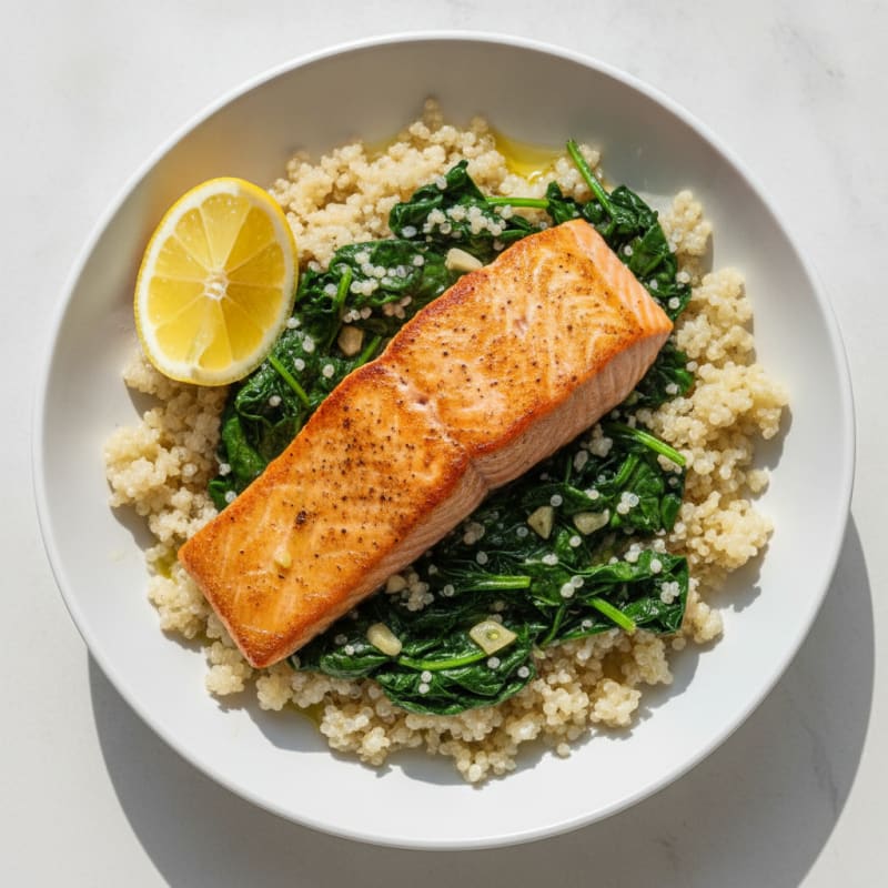 Seared Salmon Filet with Garlic Sautéed Spinach and Quinoa