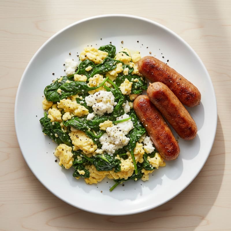 Cottage Cheese Scramble with Spinach and Grilled Turkey Sausage