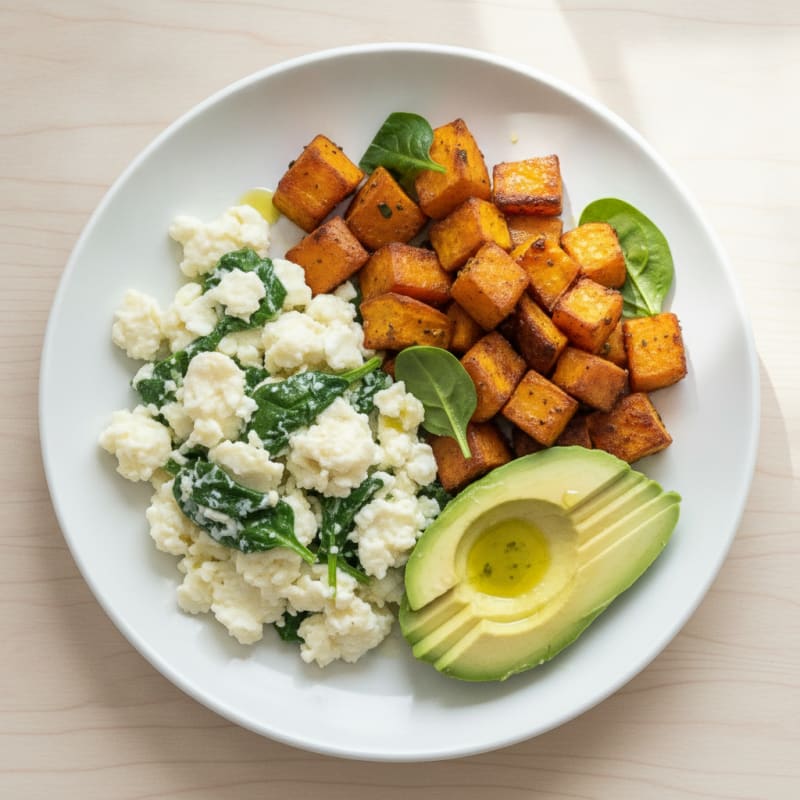Egg White and Spinach Scramble with Roasted Sweet Potatoes