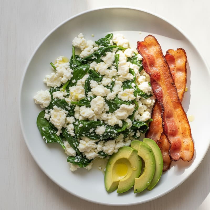 Egg White and Cottage Cheese Scramble with Spinach and Turkey Bacon