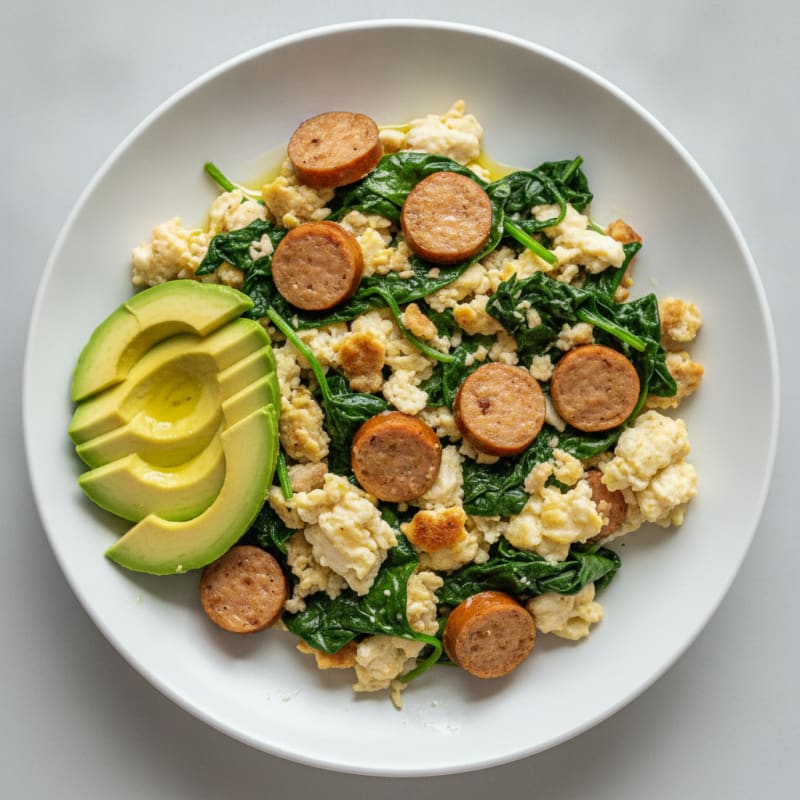 Egg White Scramble with Turkey Sausage and Sautéed Spinach