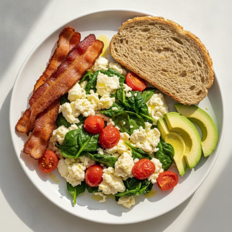 Crispy Turkey Bacon Egg White Scramble with Spinach and Cherry Tomatoes