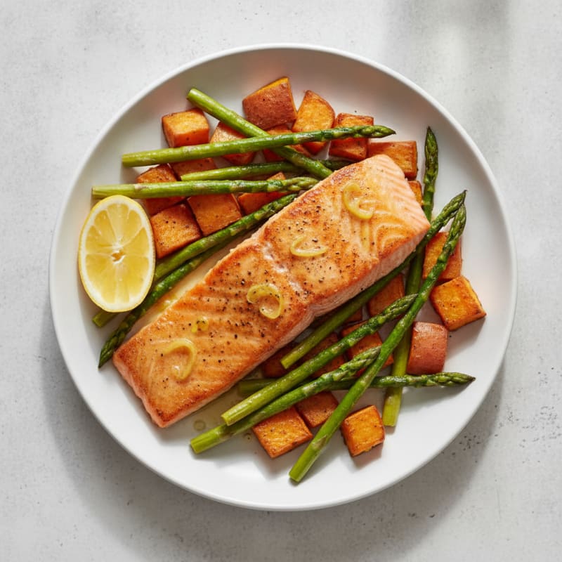 Seared Salmon with Roasted Sweet Potatoes and Asparagus