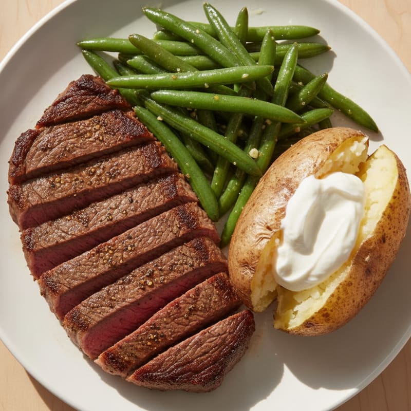 Seared Steak with Baked Potato and Sauteed Green Beans