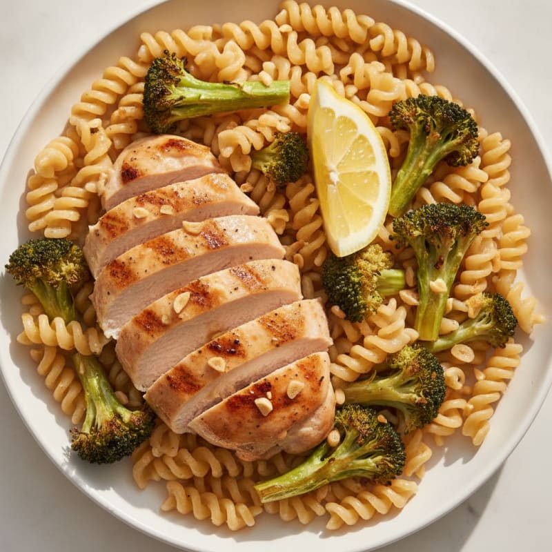 Grilled Chicken Breast with Chickpea Pasta and Roasted Broccoli