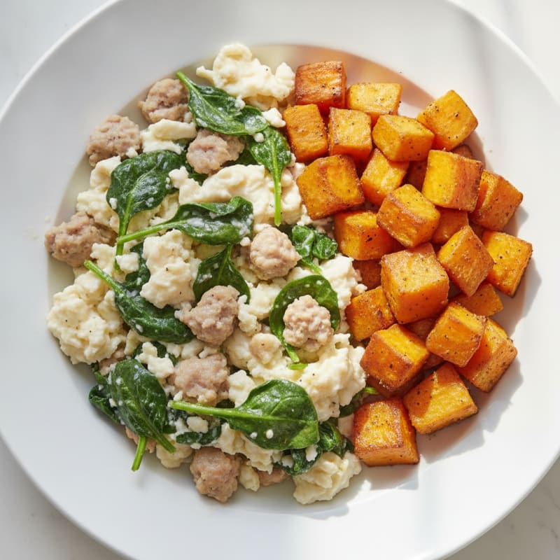 Egg White and Turkey Sausage Scramble with Spinach and Roasted Sweet Potato