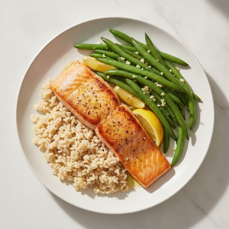 Seared Salmon Fillet with Garlic Green Beans and Brown Rice