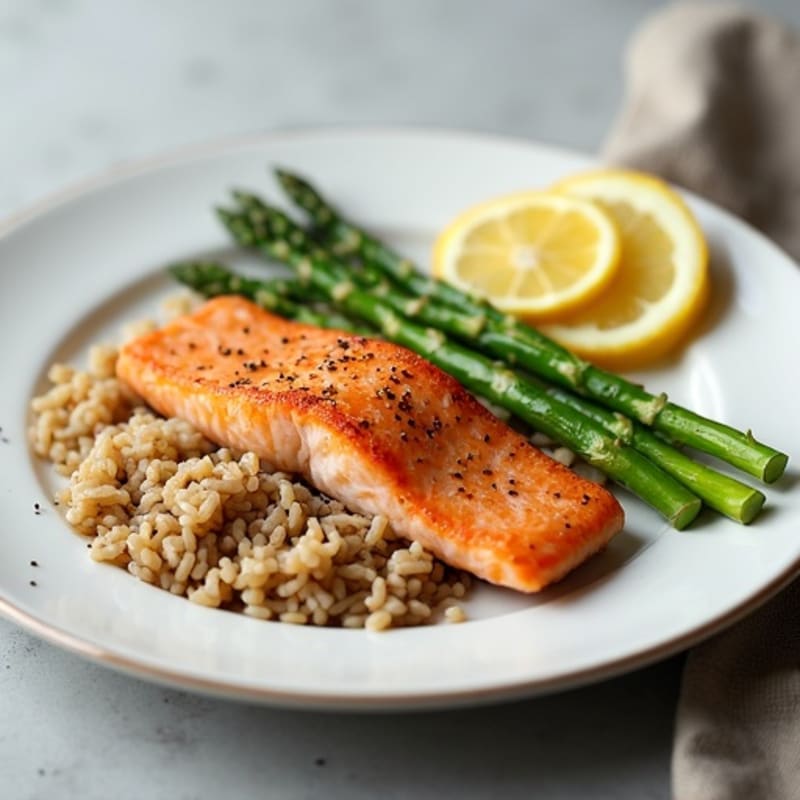Seared Salmon with Steamed Asparagus and Brown Rice