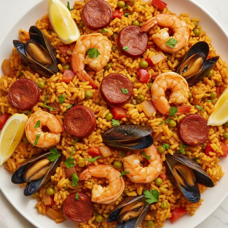 Saffron Seafood Paella with Chorizo