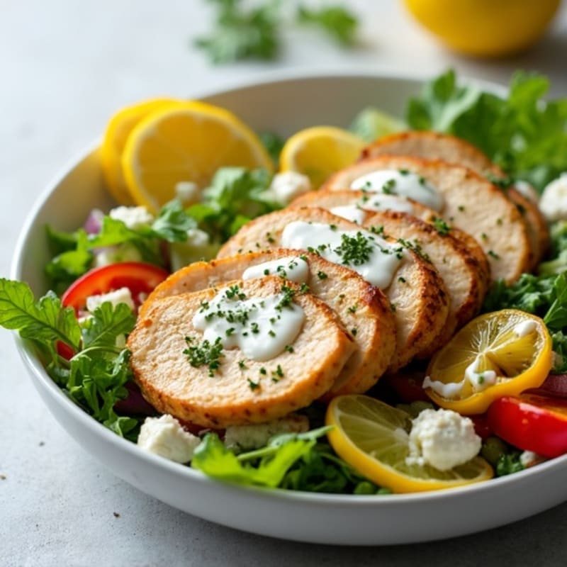 Lemon Herb Chicken Salad with Roasted Vegetables and Creamy Feta Dressing