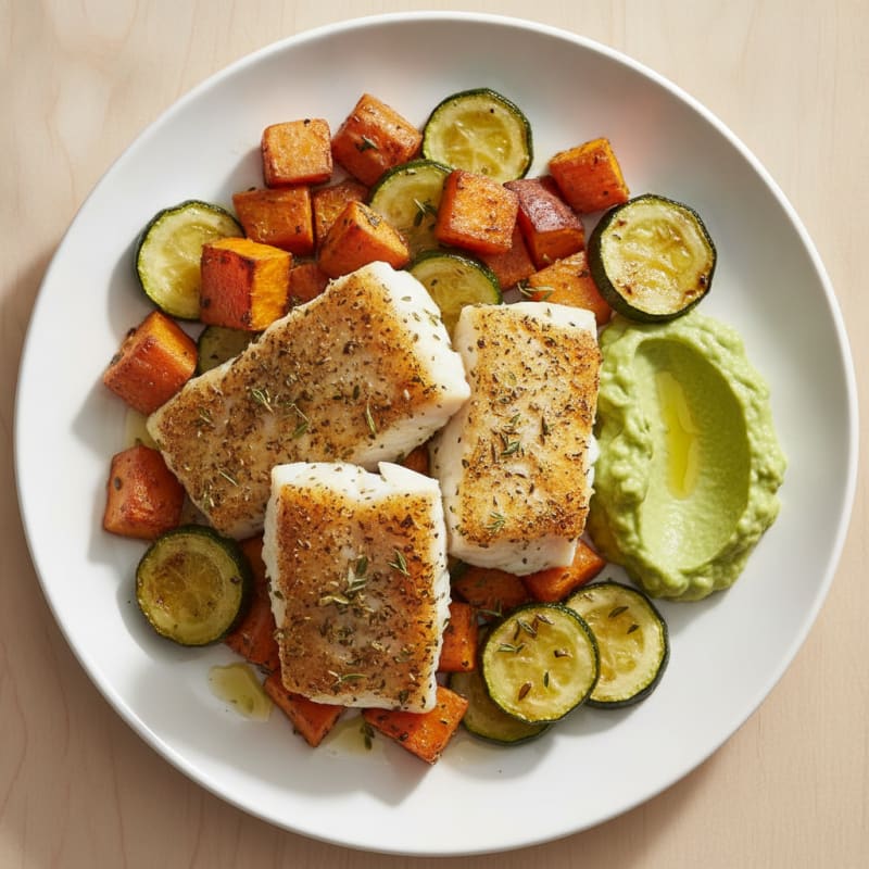 Herb-Roasted Cod with Roasted Sweet Potatoes and Zucchini