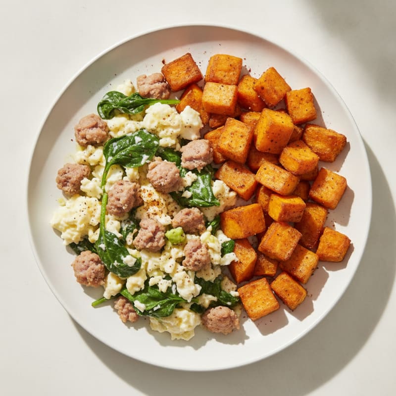 Egg White and Turkey Sausage Scramble with Spinach and Roasted Sweet Potato