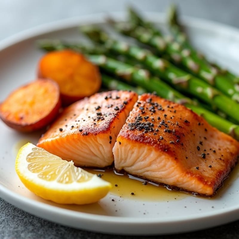 Crispy Skin Salmon with Roasted Asparagus and Sweet Potatoes