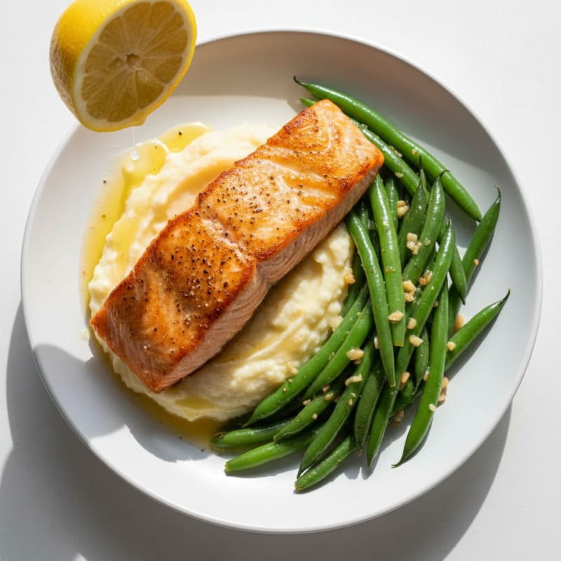 Seared Salmon Fillet with Garlic Green Beans and Cauliflower Mash