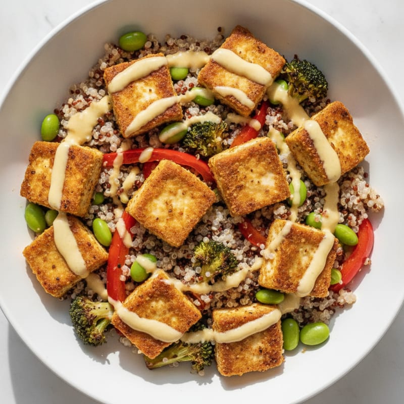 Crispy Tofu and Quinoa Power Bowl with Roasted Vegetables