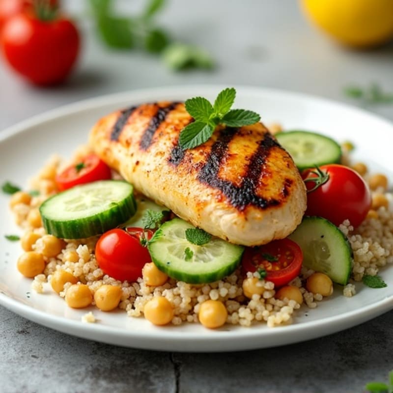 Grilled Chicken Breast over Quinoa Salad with Chickpeas and Fresh Herbs