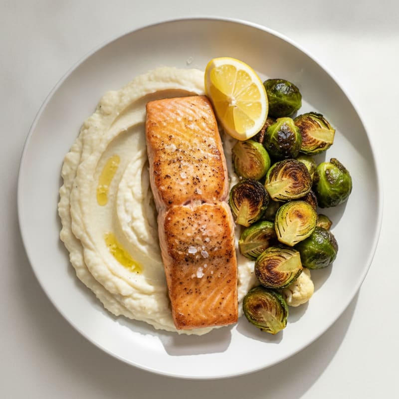 Seared Salmon with Roasted Brussels Sprouts and Cauliflower Mash