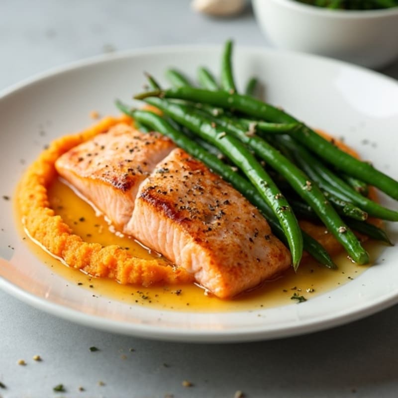 Seared Salmon with Garlic Green Beans and Sweet Potato Mash