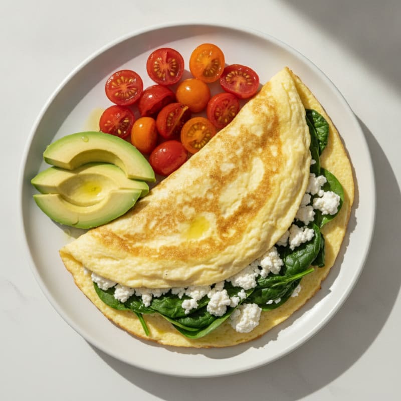 Egg White Spinach Omelette with Cottage Cheese and Cherry Tomatoes