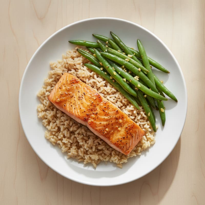 Seared Salmon with Garlic Green Beans and Brown Rice