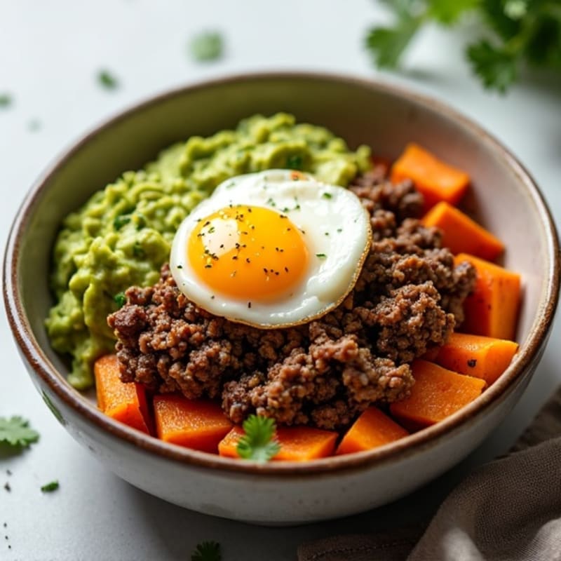Crispy Ground Beef and Roasted Sweet Potato Bowl with Creamy Avocado