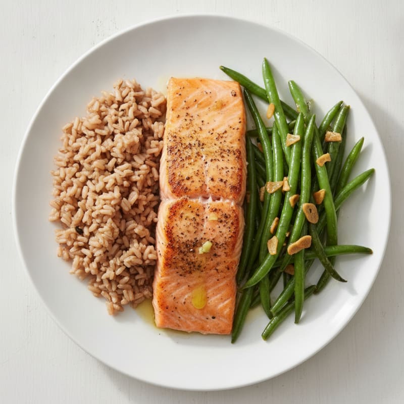 Seared Salmon Fillet with Garlic Green Beans and Brown Rice