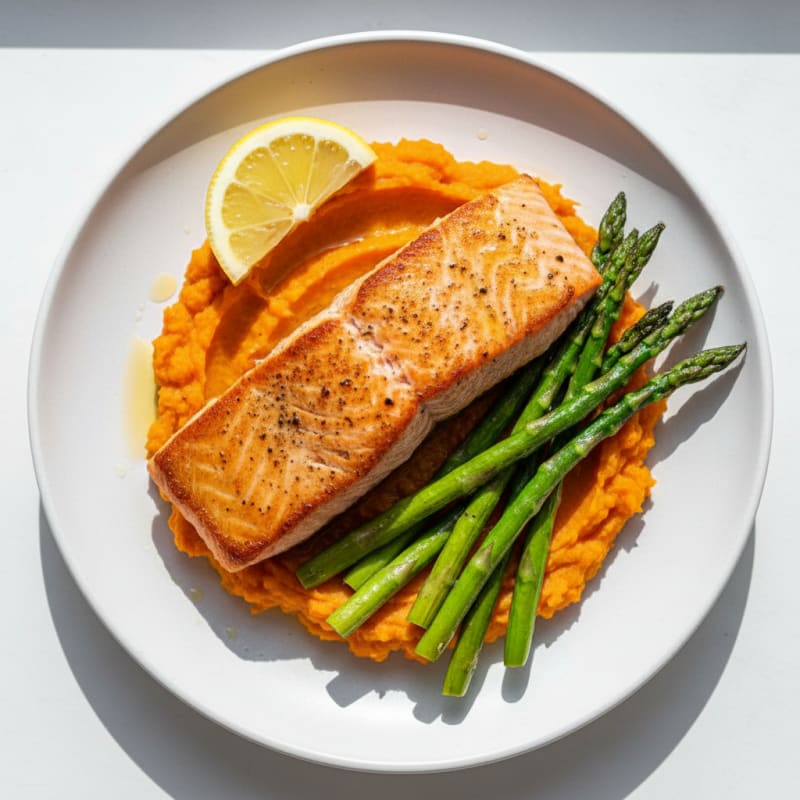 Seared Salmon with Roasted Asparagus and Sweet Potato Mash