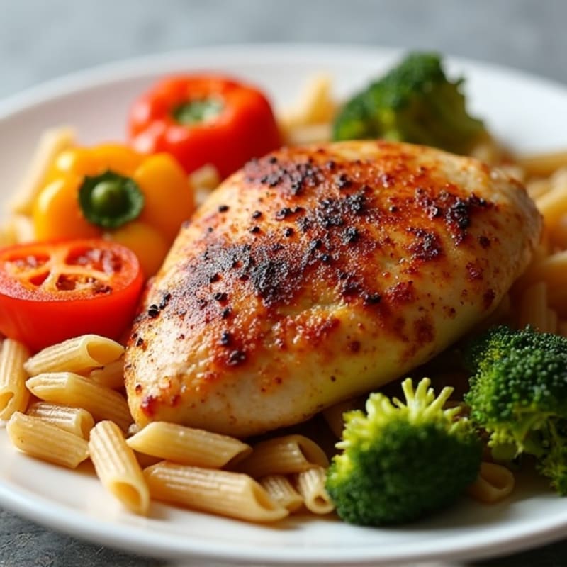 Spicy Cajun Chicken with Roasted Vegetables and Whole Wheat Pasta