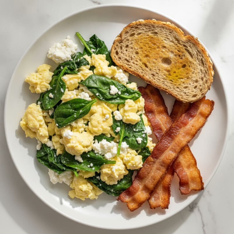 Cottage Cheese Egg Scramble with Spinach and Turkey Bacon