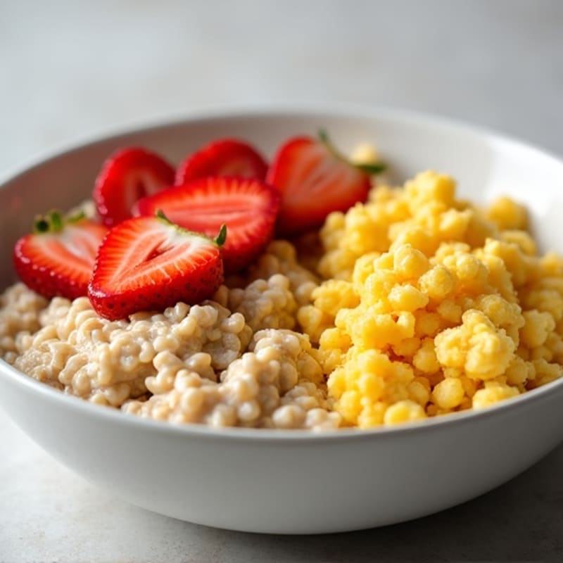 Creamy Oatmeal with Sliced Strawberries and Scrambled Egg Whites