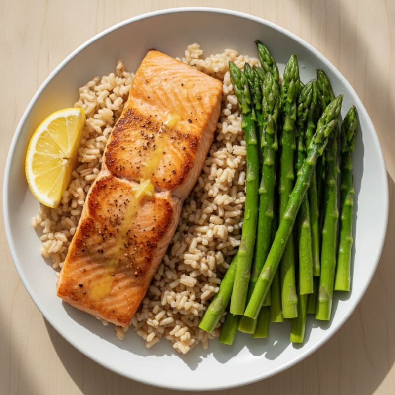 Seared Salmon Fillet with Steamed Asparagus and Brown Rice