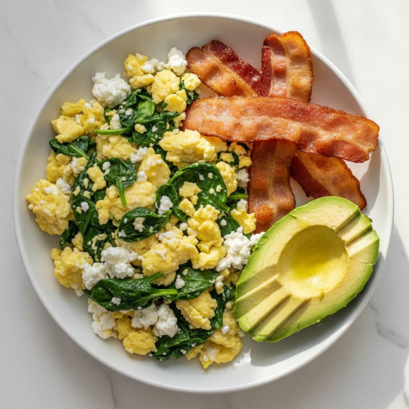 Cottage Cheese and Spinach Egg Scramble with Sautéed Turkey Bacon