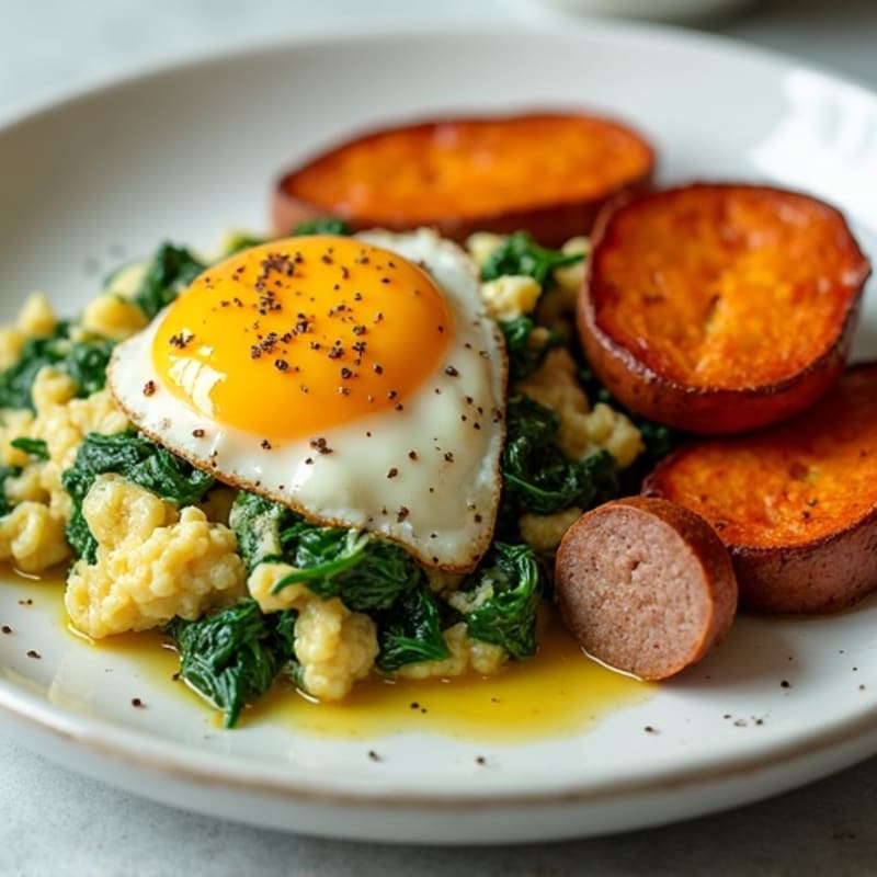 Egg White Spinach Scramble with Turkey Sausage and Roasted Sweet Potato