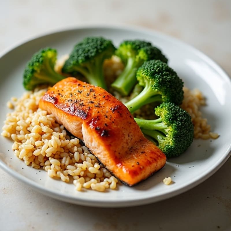 Seared Salmon Fillet with Steamed Broccoli and Brown Rice