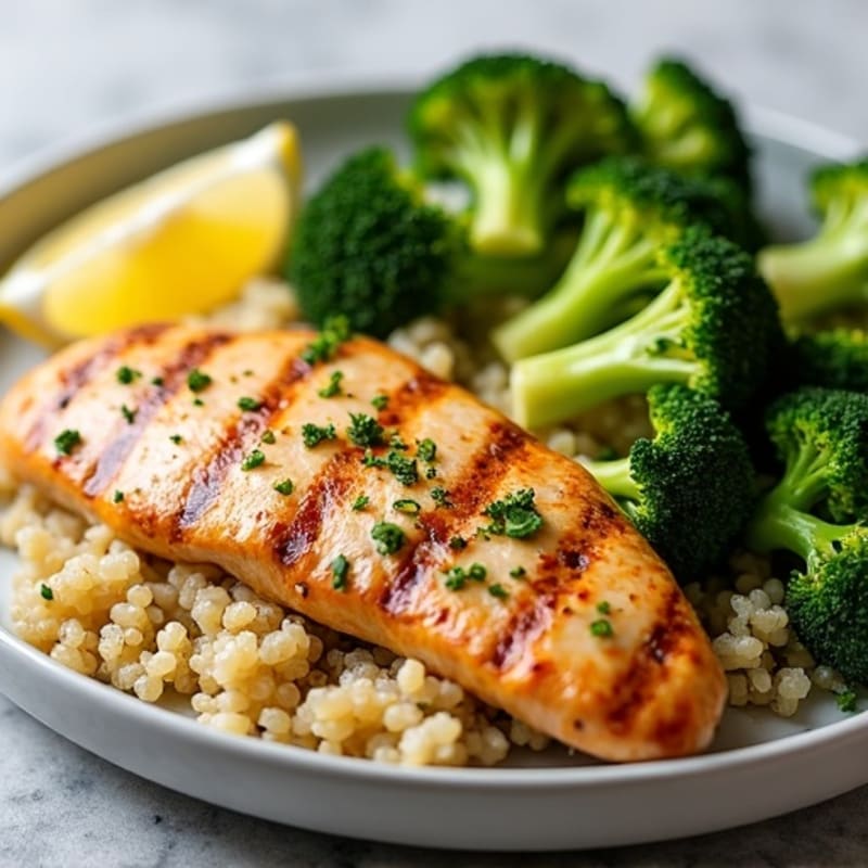 Grilled Lemon Pepper Chicken Breast with Quinoa and Roasted Broccoli