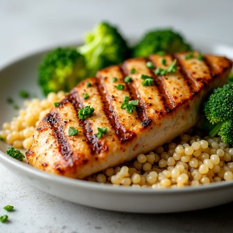 Grilled Chicken Breast over Quinoa and Roasted Broccoli