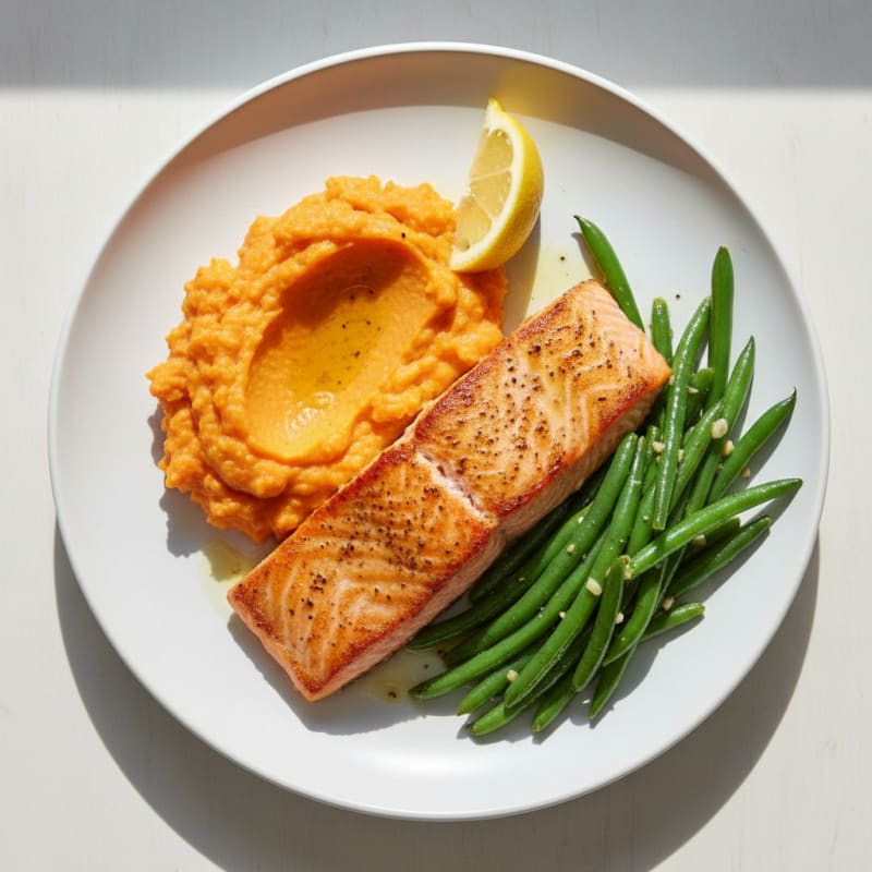 Seared Salmon Fillet with Steamed Green Beans and Sweet Potato Mash