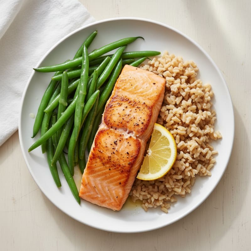Seared Salmon with Steamed Green Beans and Brown Rice
