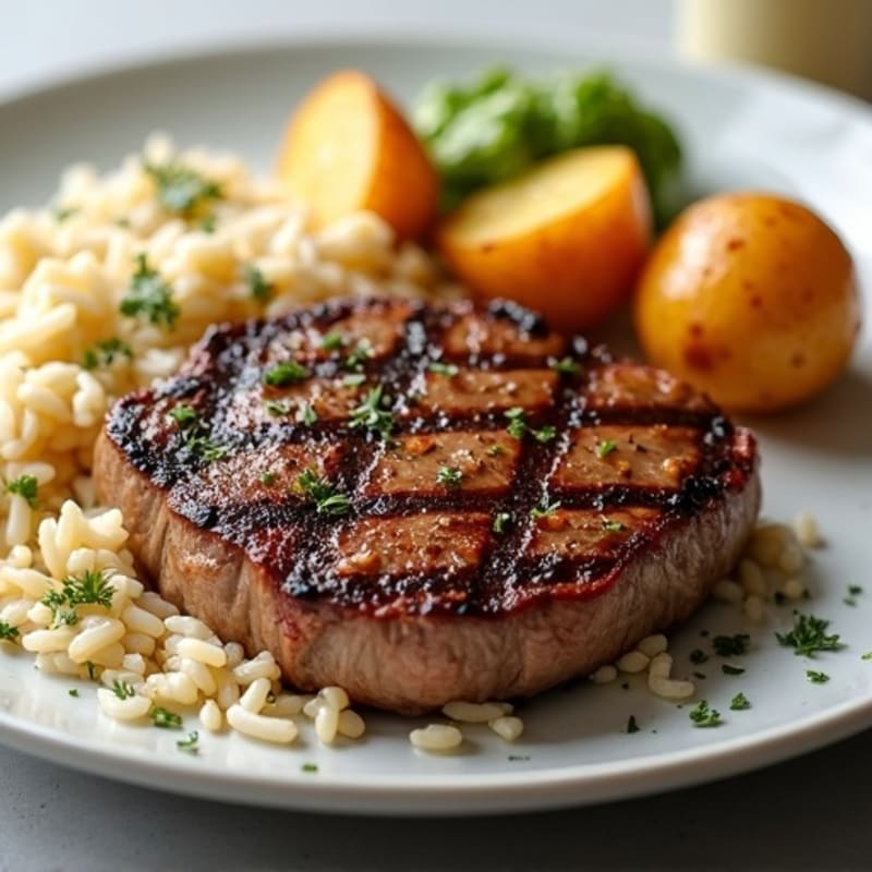 Seared Sirloin Steak with Herbed Rice and Crispy Potatoes