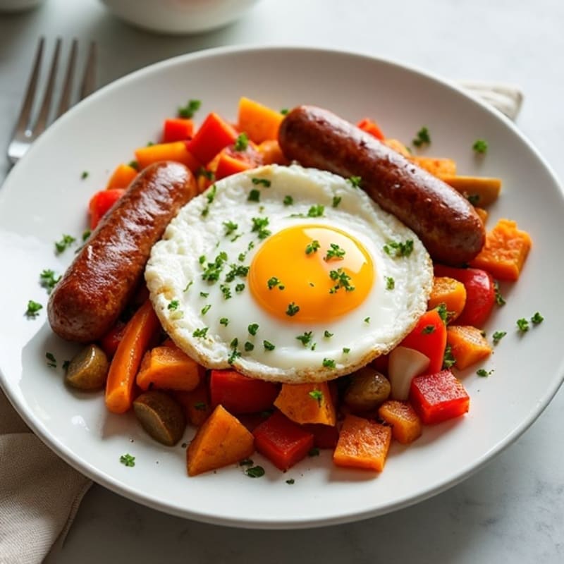 Crispy Sweet Potato Hash with Sunny-Side Up Eggs and Lean Turkey Sausage